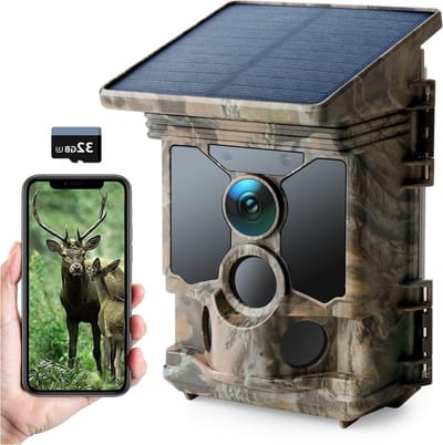 Wildcamera met Nachtzicht en Wifi – Buitencamera met sd Kaart 32 gb- Wildcamera voor Buiten 4K – Zonne-Energie – Nachtcamera Buiten Dieren - IP66 Waterdicht – Wildlife Camera’s – Infraroodcamera – Nachtcamera Wild Camera - Camouflage