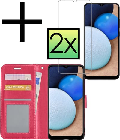 Hoesje - Met 2x Screenprotector - Geschikt voor Samsung Galaxy A02s - Luxe Pasjeshouder - Bookcase Portemonee - Flip Case - Kunstleer Book Case - Flipcase Hoes - Book Cover - Walletcase - Portemonneehoes - Donkerroze