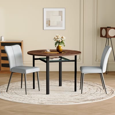 MODFU - Eettafelset Met 2 Stoelen - Rond - Minimalistisch - Voor Eetkamer Of Keuken - Glas, Metaal En Kunstleer - Bruin, Zwart En Lichtgrijs
