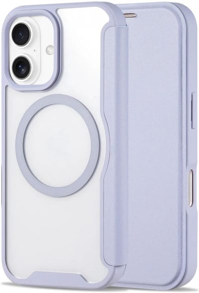 Portemonnee Hoesje Geschikt voor Apple iPhone 16 | Compatibel met MagSafe | Wallet Book Case met Magneet | Beschermhoes met Pasjeshouder | Transparant / Paars