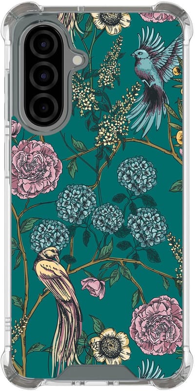 Hoesje (shockproof) geschikt voor Samsung Galaxy A36 - Vogels Japanse bloemen - Extra sterke case - TPU/polycarbonaat - Bloemen - Groen, Transparant