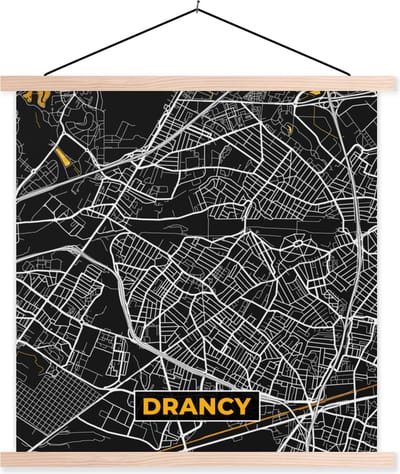 Posterhanger incl. Poster 40x40 cm - Schoolplaat - Plattegrond – Drancy - Stadskaart – Frankrijk - Kaart - Textielposter - Blanke latten - Stadskaart