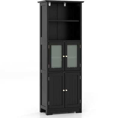 COSTWAY Badkamerkast met glazen deuren, 2 open vakken en verstelbare planken, hoge badkamerkast, opbergkast voor badkamer, keuken, woonkamer (zwart)
