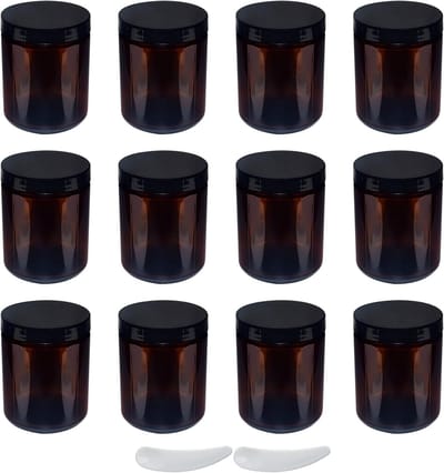 Set van 12 lege 240 ml glazen potjes voor crèmes, ideaal voor cosmetica, lotions en reisgebruik, inclusief 2 spatels en deksels