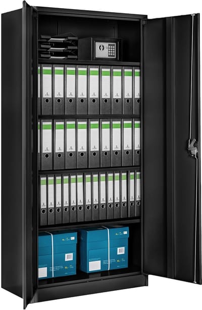 tectake® Archiefkast - Kantoorkast afsluitbaar - Multifunctionele kast van staal - Universele kast met 2 deuren - 5 in hoogte verstelbare planken - Afsluitbaar met veiligheidscilinderslot - Afmeting (LxBxH) 180 x 80 x 40 cm - Zwart