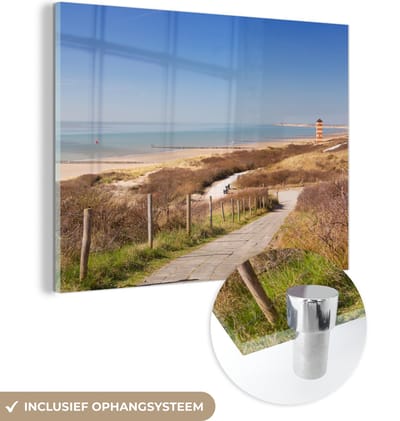 MuchoWow® Glasschilderij 160x120 cm - Schilderij acrylglas - Strand - Zee - Vuurtoren - Nederland - Foto op glas - Muurdecoratie woonkamer - Wanddecoratie slaapkamer - Schilderijen