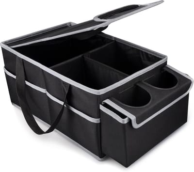 Famanu - Opvouwbare Auto Organizer – Waterdichte Autostoel Organizer, Universele Duurzame Opbergtas voor Voorstoel en Achterstoel met Drankhouder, Antislip Onderkant en Meerdere Zakken (Zwart)