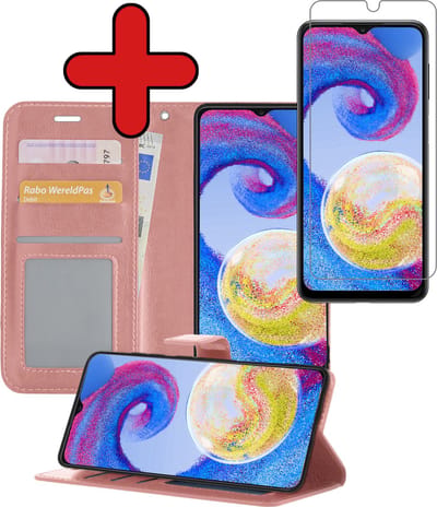Hoesje - Met Screenprotector - Geschikt voor Samsung Galaxy A04s - Luxe Pasjeshouder - Flipcase - Bookcase Portemonee - Flip Case - Kunstleer Book Case - Book Cover - Walletcase - Portemonneehoes - Telefoonhoes - Rosé goud