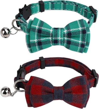 Daity 2-pack kattenhalsbanden met bel en strik - verstelbare geruite kattenhalsbanden met veiligheidsgesp voor kleine honden en kittens