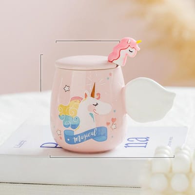 Eenhoorn Beker Keramische Beker Leuke Cartoon Beker Hoog uitziende Drinkbeker Mok Ontbijtbeker met Deksel Lepel 300ml beige