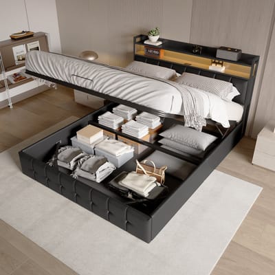 Opbergbed 140x190 cm met LEDverlichting en USB, gestoffeerd tweepersoonsbed met opbergruimte en hoofdbord, 2-persoonsbed met lattenbodem, PU, Zwart
