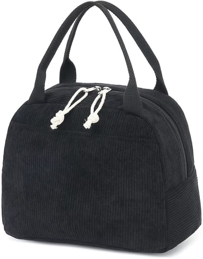 Zwarte Corduroy Geïsoleerde Lunchtas 25×20×15 cm – Warmhoudtas met Voorvak – Koeltas - Thermotas - Waterafstotend & Aluminium Binnenkant – Voor Baby, Kind & Volwassenen