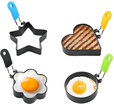 TOVBMUP 4 Stuks Spiegeleierformen - Eierringen - Omelett- en Pannenkoekenformen met Anti-aanbaklaag en Hittebestendige Siliconen Handvatten - Geschikt voor Inductie, Keramisch en Gasfornuis - RVS en Siliconen - 4 Vormen Set Zonder Accessoires