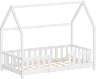 Kinderbed Huisbed 80x160 cm van dennenhout Wit met uitvalbeschermend dak en lattenbodem Houten bed ML-Design