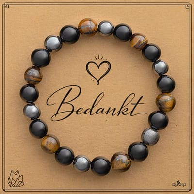 Bixorp Tijgeroog + Onyx + Hematiet Armband op Cadeau Kaartje - Bedankt - 8mm / 18cm Edelsteen Kralenarmband - Inclusief Cadeau Envelop