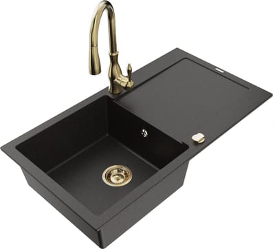Mexen Leo granieten spoelbak met 1 bak en afdruiprek en keukenkraan Savita, zwart/gouden metallic - 6501-75-672601-50
