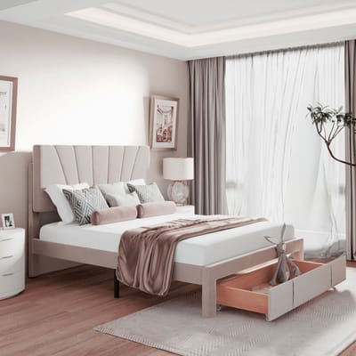 Tweepersoonsbed 140x200 cm beige fluweel met opberglade aan voeteneinde, modern en elegant