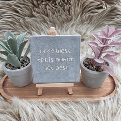 Robuust wenstegeltje “oost west thuis poept het best” – Humoristische Wanddecoratie & Cadeau – Cadeau vrienden,zomaar – Humor tegeltje - Grappige tekst tegel – WC decoratie humor – Decoratief Tegeltje met Standaard – Cadeau Idee