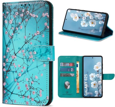 Multimedia & Accessoires Lederen Book Case Hoesje geschikt voor Samsung Galaxy S25 – Sierkers - Bloemen – Blauw -Telefoonhoesje – Met Stand – Kaarthouder – Pasjes Houder – Magneet Sluiting – Bookcase