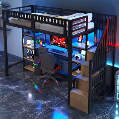 Hoogslaper 90 x 200 cm met opberglades - ladder - bureau - LED-verlichting - met USB-aansluiting - zonder matras - zwart
