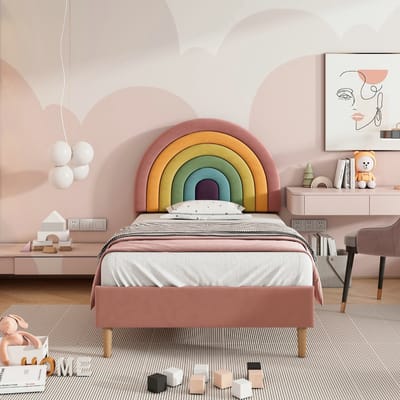 VVBV Gestoffeerd Kinderbed 90x200 cm - Lattenbodem, Verstelbaar Hoofdbord, Voor Kinderen/Tieners - Hout/Fluweel Roze
