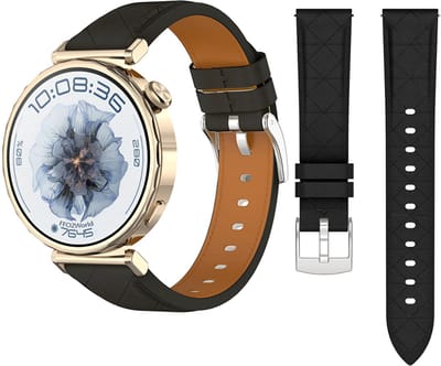 Stravo Luxe slank lederen bandje 20mm - Geschikt voor Samsung Galaxy Watch 7 6 5 4 - Classic - Elegant slank leren horlogebandje – diamantpatroon design voor Garmin Vivoactive 5 3 - Forerunner 245 - Venu SQ 2 - Vivomove - Huawei - Leer - Zwart