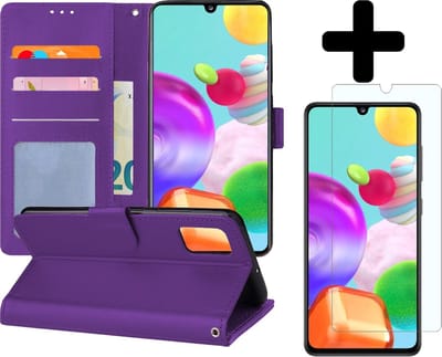 Hoesje - Met Screenprotector - Geschikt voor Samsung Galaxy A41 - Luxe Pasjeshouder - Flipcase - Bookcase Portemonee - Flip Case - Kunstleer Book Case - Book Cover - Walletcase - Portemonneehoes - Telefoonhoes - Paars