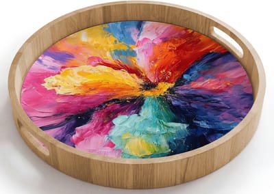 Dienblad rond 40x40 cm - Schootdienblad hout - Bloemexplosie - Veelkleurig - Bewegend - Borrelplank rechthoek - Plateau houten dienbladen