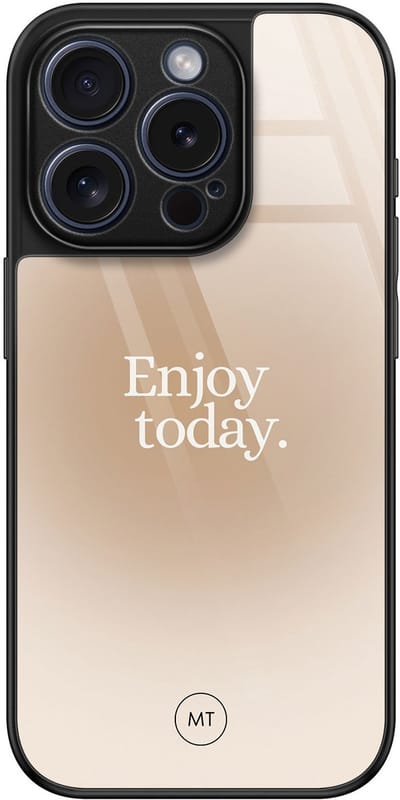 Hoesje geschikt voor iPhone 15 Pro - Enjoy today - Luxe Hard Case - Tekst - Beige - Mooie Telefoonhoesjes