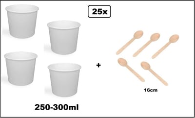 25x Soepbeker wit karton 250-300ml en 25x houten lepel 16cm - Soep salade beker festival warme dranken maaltijd carnaval