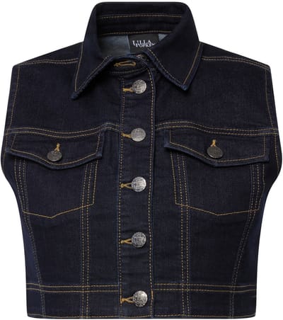 Ulla Popken - Dames - jeans gilet kort slim overhemdkraag mouwloos gerecycled - Gespoelde wassing - Maat 50