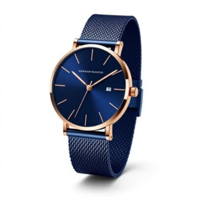 Hannah Martin HM-151 Herenhorloge – Diepblauw Wijzerplaat met Blauw-Rose Mesh Band Luxe Minimalistisch Japans Quartz Uurwerk – Roestvrijstalen Mesh Band – 6 Elegante Kleuren – Tijdloos Design
