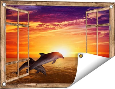 Gards Tuinposter Doorkijk Twee Dolfijnen bij de Zonsondergang - 60x40 cm - Tuindoek - Tuindecoratie - Wanddecoratie buiten - Tuinschilderij