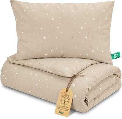 Kinder dekbed zonder hoes 60x100 cm - Katoenen baby deken en kussen set kinderdeken 60 x 100 en kussen 60 x 40 - Dekbedden kinderdekbed voor babybed Oeko-Tex Beige met witte sterren