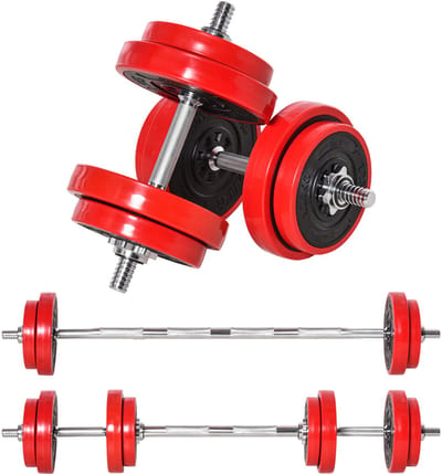 Hantelset - 20 kg - 2-in-1 Verstelbare Dumbbells en Halter - Fitness Thuis - Kunststof Metaal - Rood Zwart