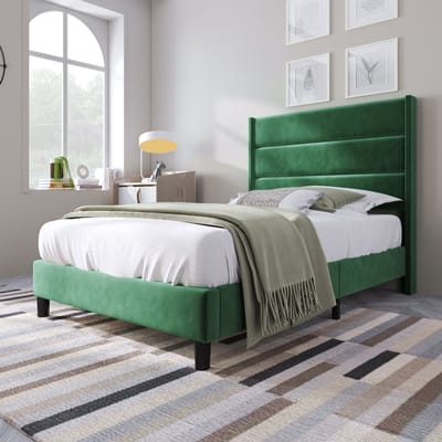 SINGULARITY-Gestoffeerd bed 90 x 200 cm- bedframe & hoofdbord- tweepersoonsbed- textielbekleding fluweel in donkergroen- tijdloos modern design- jeugdbed- zonder matras