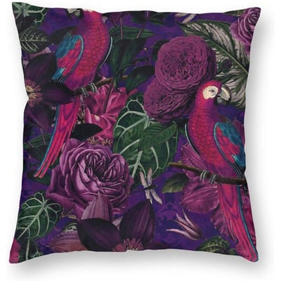 Housse de coussin carrée Botanique Tropicale Oiseaux de la Jungle Minuit Polyester Lin Velours Imprimé Fermeture Éclair Housse de Coussin de Maison Peach skin 30*30(CM)-1Pcs black