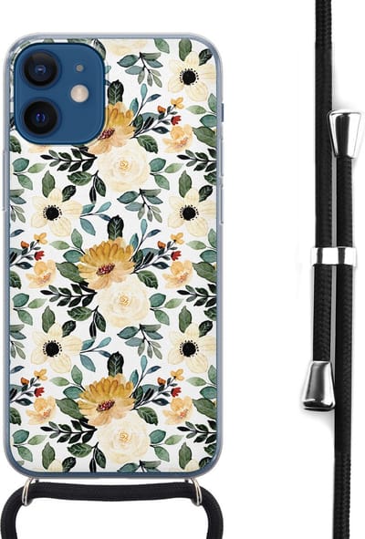 Hoesje met koord - Geschikt voor iPhone 12 Mini - Lovely flowers - Verstelbaar zwart koord - Transparant, Geel - Bloemen - Leuke Telefoonhoesjes