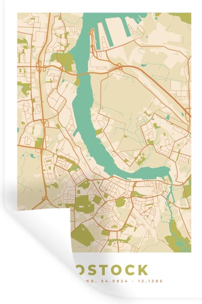 Muurstickers - Sticker Folie - Rostock - Plattegrond - Stadskaart - Kaart - Vintage - 20x30 cm - Plakfolie - Muurstickers Kinderkamer - Zelfklevend Behang - Zelfklevend behangpapier - Stickerfolie