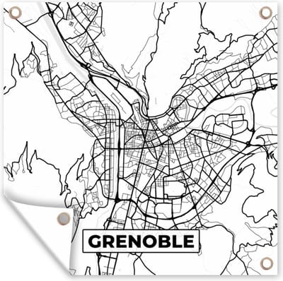Tuin poster Kaart - Plattegrond - Grenoble - Frankrijk - Stadskaart - Zwart wit - 200x200 cm - Tuindoek