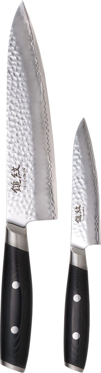 Yaxell Tsuchimon Messenset – 2-delig – Koksmes 20 cm en Universeelmes 12 cm – 3 Lagen Damaststaal – VG10 Staal – Canvas-Micarta Heft