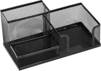Famanu - Bureau-organizer, pennenhouder, bureau-pennenkoker, tafel-organizer van metaal, bureauplank met notitiehouder, mesh, 205 x 103 x 98 mm, zwart