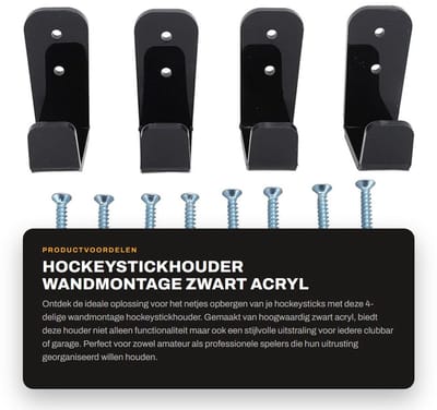 Dailygoods- Hockeystickhouder Wandmontage - 4-delige Hockeystokrek - Zwart Acryl - Opslagorganisator - Elegant Ontwerp - Schokbestendig - Hockeystockrek