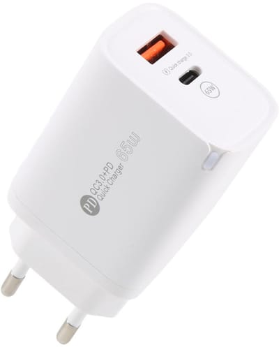 65W Snellader - USB-C PD + USB-A QC 3.0 - Quick charge oplader adapter - geschikt voor Laptop, Telefoon en Tablet - wit