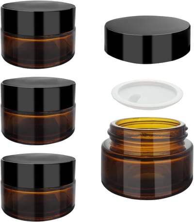 Lege Amber Glazen Crème Potjes 20ml - Herbruikbare Containers voor Cosmetica, Crèmes, Lotion en Essentiële Olie - Set van 4 met Deksel en Inzetstuk