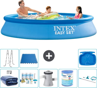 Intex Rond Opblaasbaar Easy Set Zwembad - 305 x 61 cm - Blauw - Inclusief Solarzeil - Onderhoudspakket - Zwembadfilterpomp - Filter - Schoonmaakset - Ladder - Voetenbad - Vloertegels - 9-delig