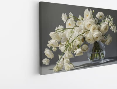 Saammp Canvas Schilderij - Abstracte Witte Bloemen in een vaas- Natuur - 45x30 - Foto op canvas - Wanddecoratie - Muurdecoratie Woonkamer - Kantoor Decoratie