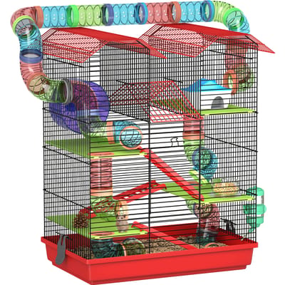 Pawut Kooi voor Hamster Muis klein dier knaagdier met Tunnel voederwiel speelgoed 47x30x59 cm rood