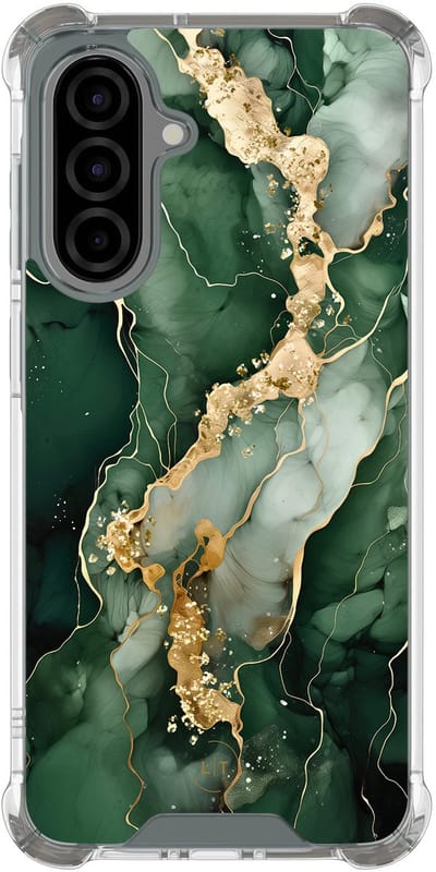 Shockproof hoesje - Geschikt voor Samsung Galaxy A56 - Marmer groen goud - Extra sterke case - TPU/polycarbonaat - Marmer - Groen, Goud, Transparant