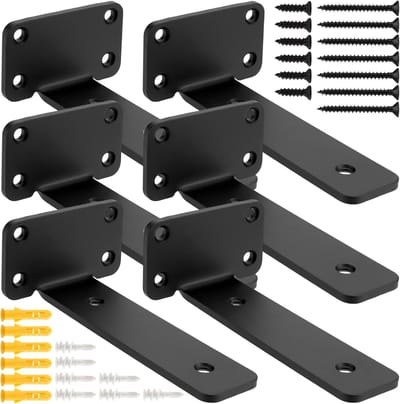 Set van 6 zwevende plankbeugels, 15 cm verborgen wandmontage steunen, industriële metalen L-vormige beugels in zwart voor stevige planken